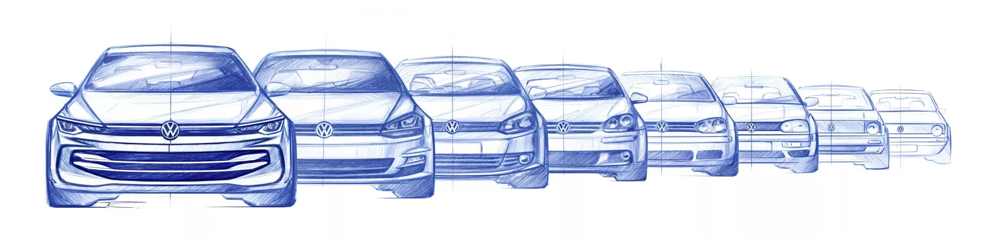 Bočni pogled na prenovljeni Volkswagen Golf VIII 2024, ki prikazuje napredovanje od podrobnega oblikovanja avtomobila do poenostavljene žične strukture, prikazuje zunanje značilnosti od spredaj do zadaj, kolesa in notranje mehanske komponente