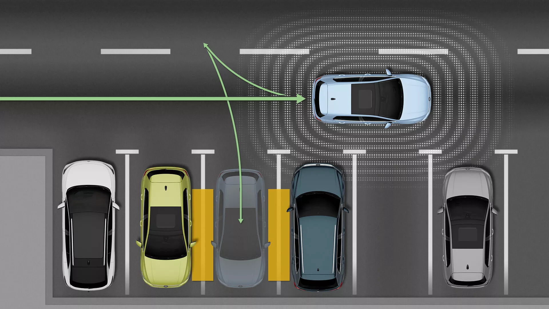 VW Golf 2024 (VIII-facelift) z uporabo tehnologije samostojnega parkiranja v pogledu iz ptičje perspektive na parkirni scenarij z navigacijo, asistirano s senzorji, med različnimi avtomobili