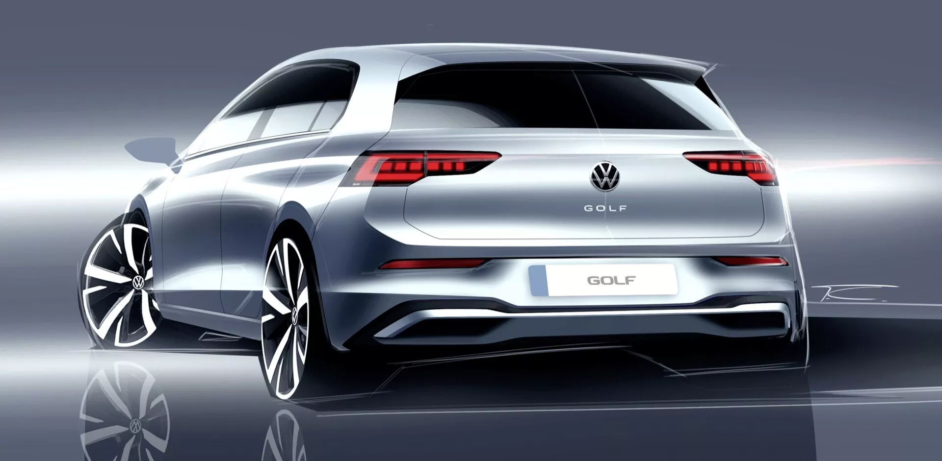Volkswagen Golf VIII facelift za leto 2024, prikazuje elegantne, sodobno stilizirane LED zadnje luči, izboljšan zadnji odbijač s senzorji za parkiranje, dvojni izpušni sistem, velika lita kolesa, subtilen spojler na strehi proti odsevnemu studijskemu ozadju, ki poudarja dizajnerske linije in kovinsko barvo