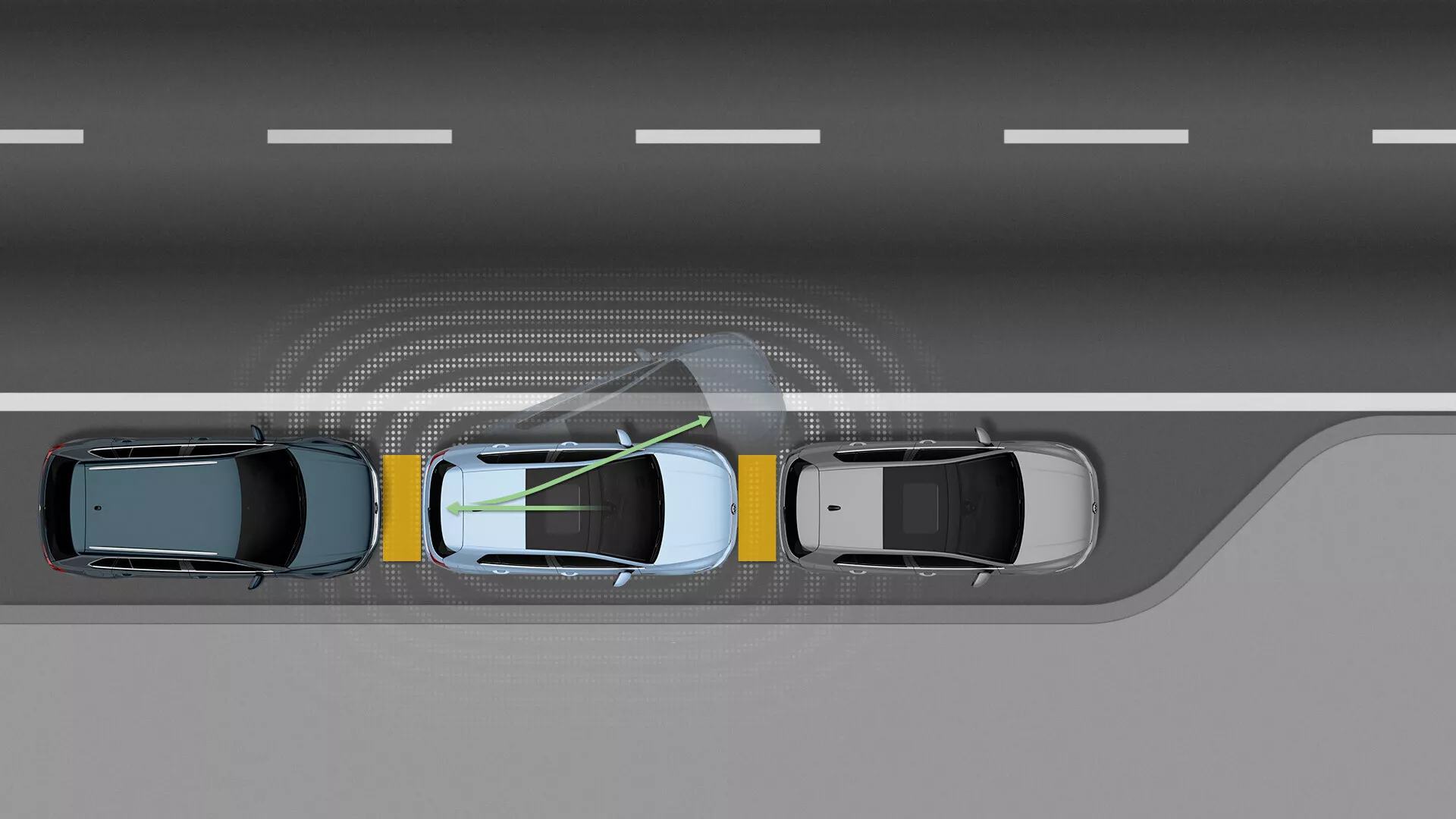 VW Golf VIII Facelift 2024 izvaja manever vzporednega parkiranja z naprednimi sistemi pomoči vozniku, prikazan iz ptičje perspektive med tremi vozili, ki prikazuje tehnologijo pomoči pri parkiranju in prostorsko zavedanje.