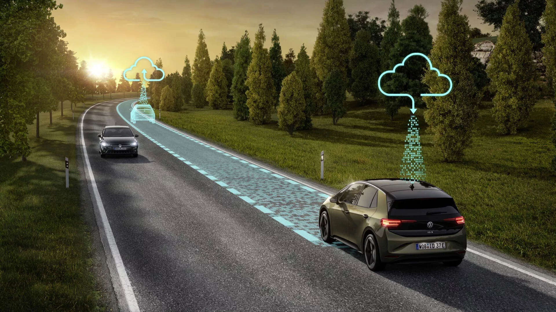 Digitalna upodobitev VW ID.3 2023 (1. generacija po prenovi) prikazuje napredne sisteme pomoči vozniku in tehnologijo avtonomne vožnje na ovinkasti cesti obdani z zelenjem, z zameglitvijo gibanja, ki kaže na premikanje in grafičnimi prekrivanji poti, ki sugerirajo povezljivost z oblakom in navigacijske funkcije